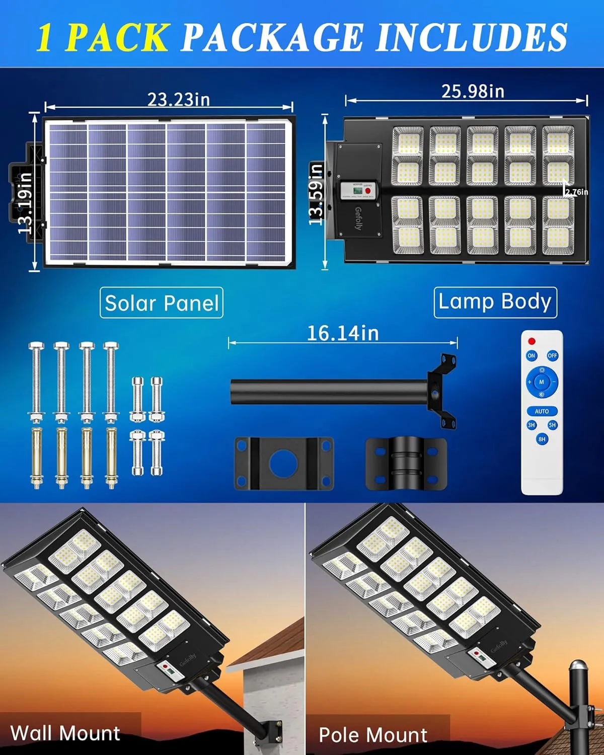 Gefolly SL-5200W Solar Street Lights Outdoor, 520000LM Commercial Parking Lot Light, 6500K Dusk to Dawn IP67 Security Flood Lights Motion Sensor Led Lamp for Basketball Court, Road, Yard