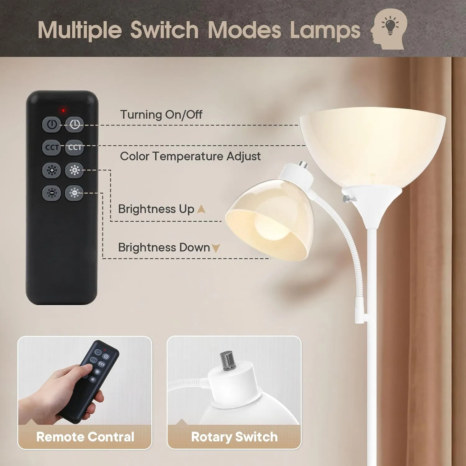 GERGO Led Floor Lamp, Super Bright 11W 7W 2100LM Torchiere Floor Lamps for Living Room, Stepless Adjustable 3000K-6000K Temperatures with Remote Control for Bedroom (White)