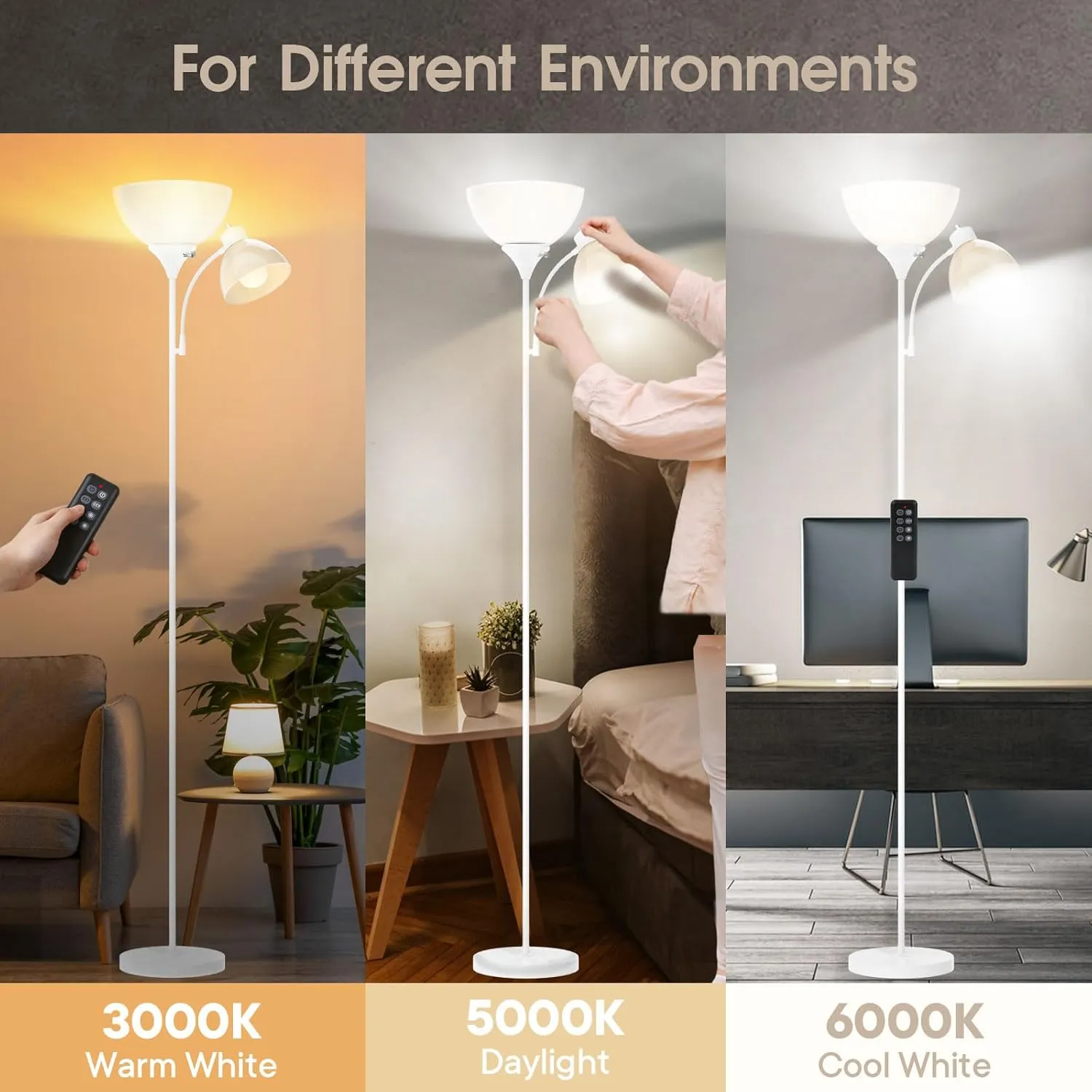 GERGO Led Floor Lamp, Super Bright 11W 7W 2100LM Torchiere Floor Lamps for Living Room, Stepless Adjustable 3000K-6000K Temperatures with Remote Control for Bedroom (White)