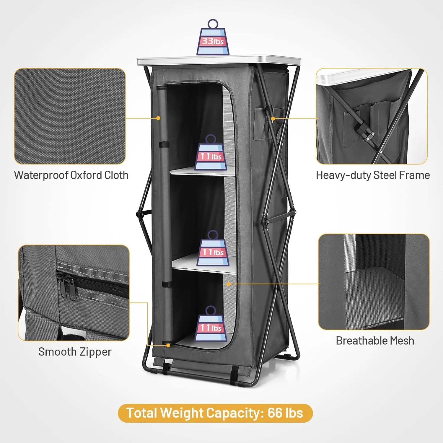 Giantex Folding Camping Storage Cabinet with 3 Shelves and Carry Bag, Portable Outdoor Organizer Kitchen Table, Quick Set-up for BBQ, Picnic, Backyard, Compact Pop-Up Cupboard, 55''H