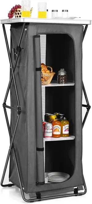 Giantex Folding Camping Storage Cabinet with 3 Shelves and Carry Bag, Portable Outdoor Organizer Kitchen Table, Quick Set-up for BBQ, Picnic, Backyard, Compact Pop-Up Cupboard, 55''H
