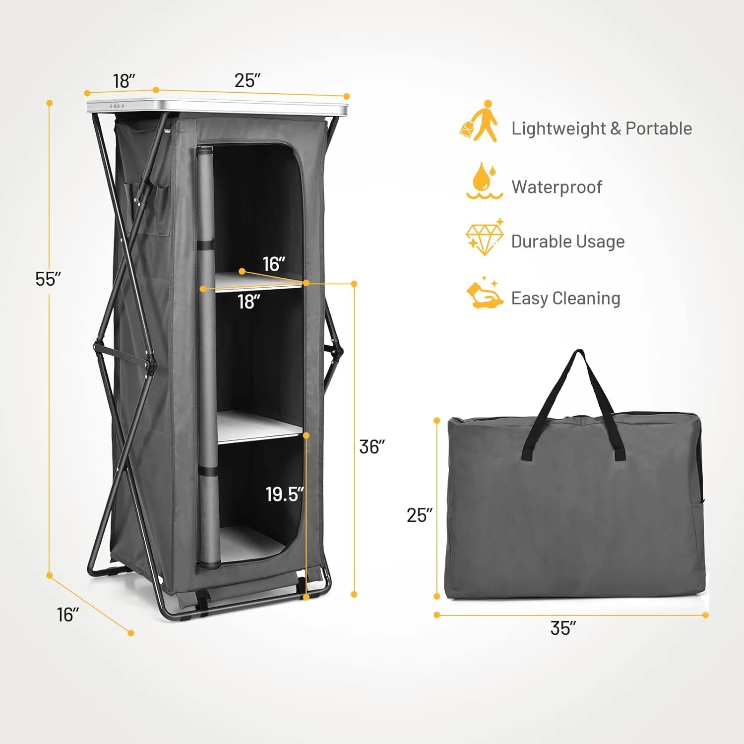 Giantex Folding Camping Storage Cabinet with 3 Shelves and Carry Bag, Portable Outdoor Organizer Kitchen Table, Quick Set-up for BBQ, Picnic, Backyard, Compact Pop-Up Cupboard, 55''H