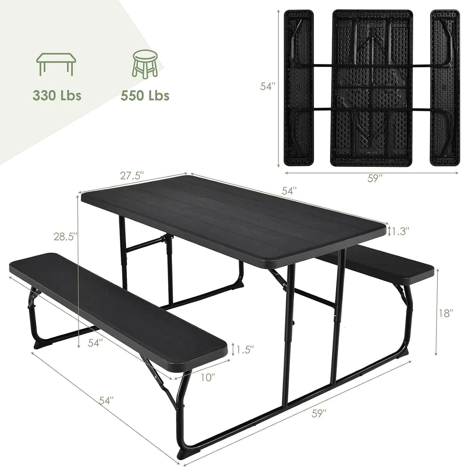 Giantex Folding Picnic Table Bench Set, Outdoor Dining Table Set, Large Camping Table for Patio Deck Lawn Garden Backyard Poolside, Portable Picnic Tables, Weather Resistant Metal Frame, Black
