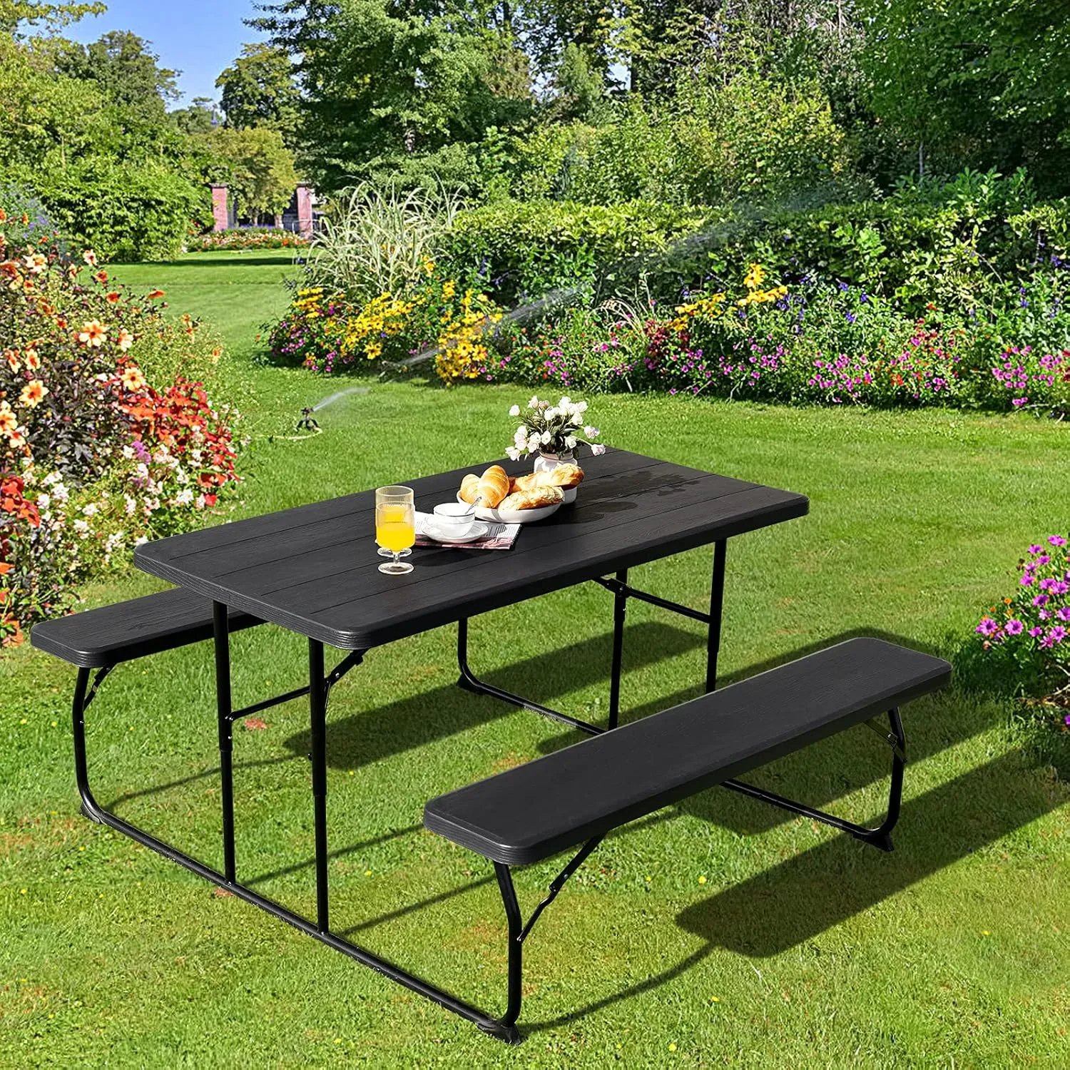 Giantex Folding Picnic Table Bench Set, Outdoor Dining Table Set, Large Camping Table for Patio Deck Lawn Garden Backyard Poolside, Portable Picnic Tables, Weather Resistant Metal Frame, Black