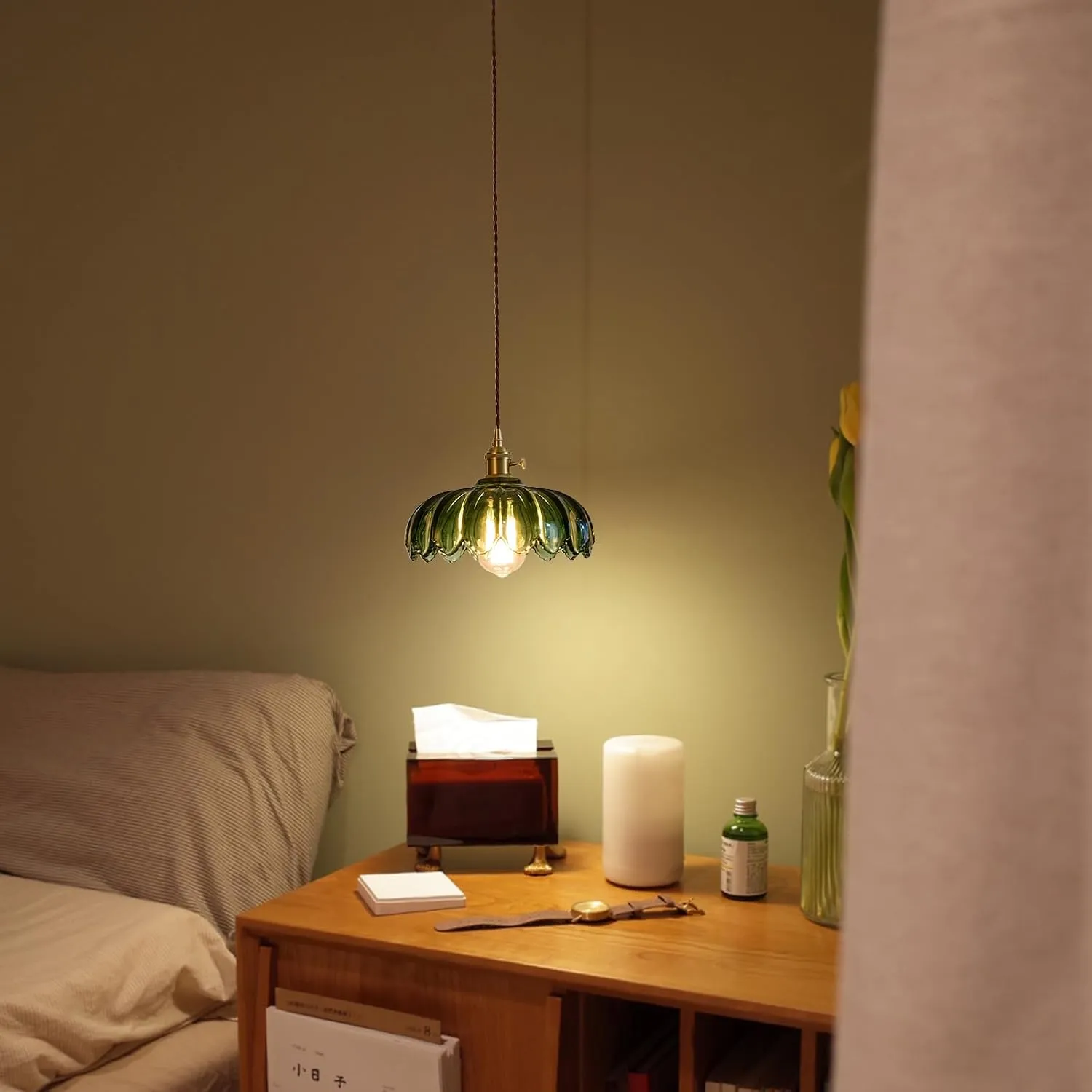 Glass Pendant Light Vintage Light Fixtures, Glass Pendant Lights Kitchen Island, Gold Pendant Light, Modern Chandelier Pendant Shade Green Light Fixture for Bedroom Hotel Dining Room