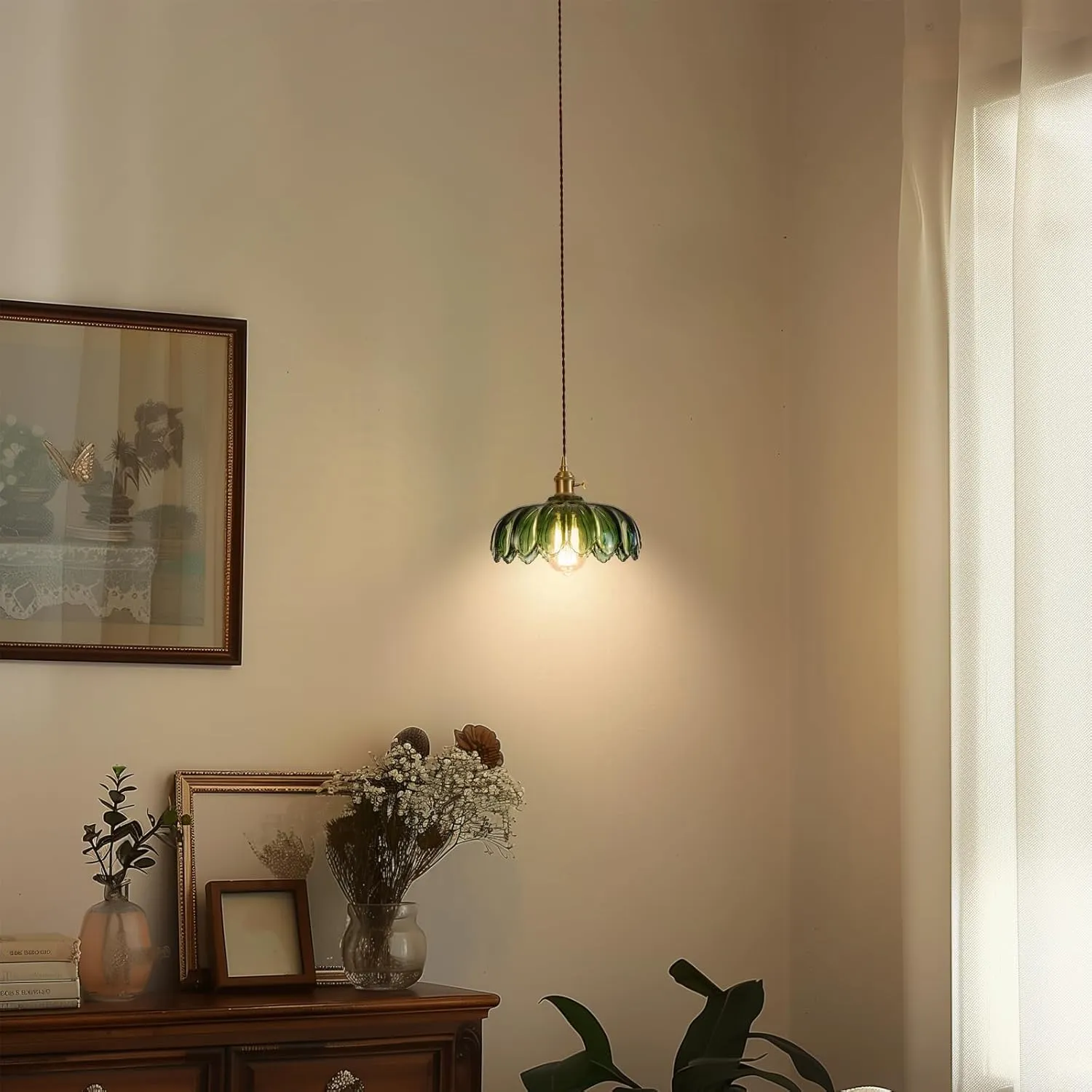 Glass Pendant Light Vintage Light Fixtures, Glass Pendant Lights Kitchen Island, Gold Pendant Light, Modern Chandelier Pendant Shade Green Light Fixture for Bedroom Hotel Dining Room