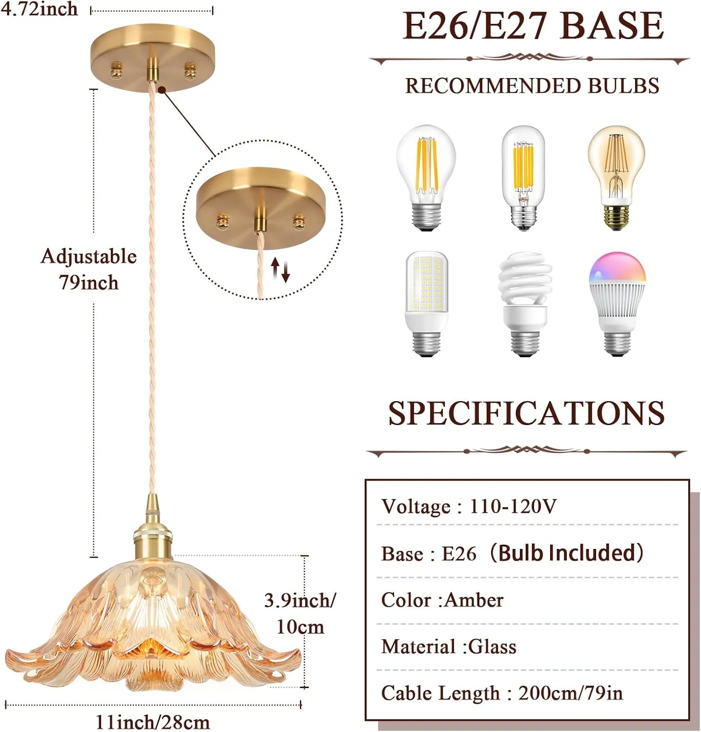 Glass Pendant Light,Amber Vintage Light Fixtures,8.7" Flower Pendant Lights Kitchen Island Contains one 3000K Bulb Pendant Lighting Fixtures for Bedroom Hotel Dining Room