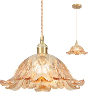 Glass Pendant Light,Amber Vintage Light Fixtures,8.7" Flower Pendant Lights Kitchen Island Contains one 3000K Bulb Pendant Lighting Fixtures for Bedroom Hotel Dining Room