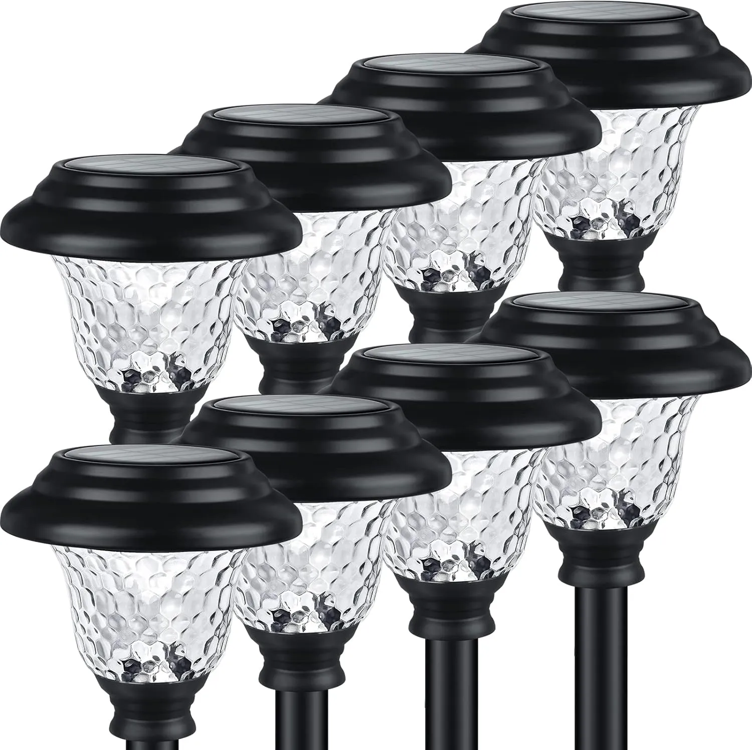 Glass Solar Lights Outdoor, 8 Pack Super Bright Solar Pathway Lights, Up to 12 Hrs Long Last Auto On/Off Garden Lights Solar Powered Waterproof, Stainless Steel LED Landscape Lighting for Yard
