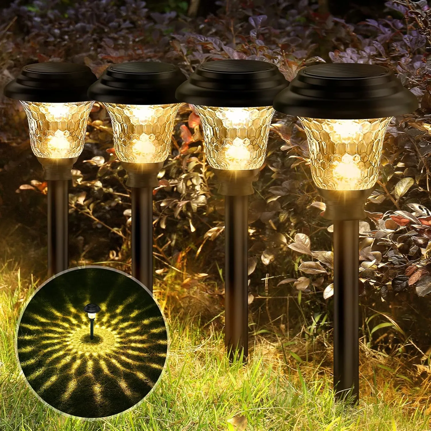 Glass Solar Lights Outdoor, 8 Pack Super Bright Solar Pathway Lights, Up to 12 Hrs Long Last Auto On/Off Garden Lights Solar Powered Waterproof, Stainless Steel LED Landscape Lighting for Yard