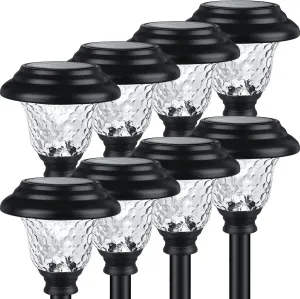 Glass Solar Lights Outdoor, 8 Pack Super Bright Solar Pathway Lights, Up to 12 Hrs Long Last Auto On/Off Garden Lights Solar Powered Waterproof, Stainless Steel LED Landscape Lighting for Yard