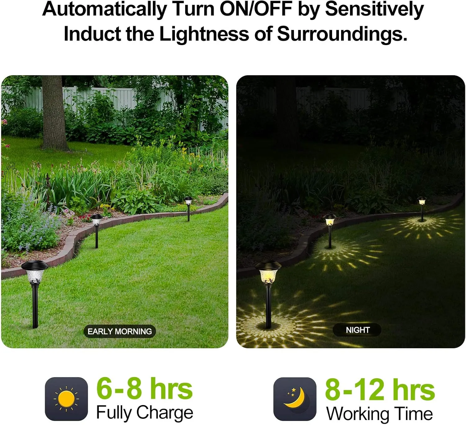 Glass Solar Lights Outdoor, 8 Pack Super Bright Solar Pathway Lights, Up to 12 Hrs Long Last Auto On/Off Garden Lights Solar Powered Waterproof, Stainless Steel LED Landscape Lighting for Yard