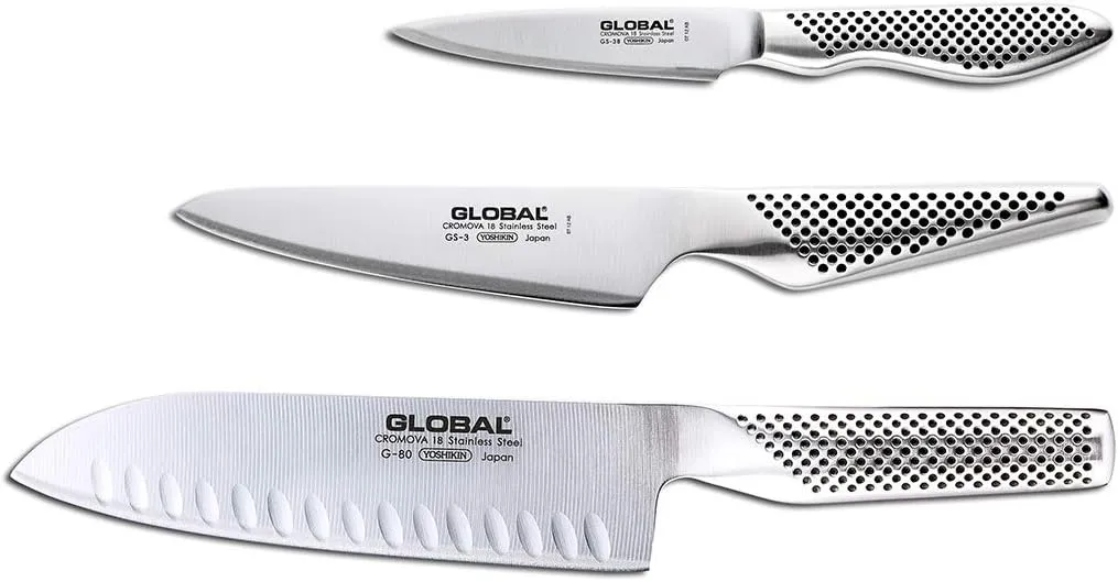 Global G-80338-3 Piece Knife Set with Santoku - Hollow Ground, Utility and Paring Knife