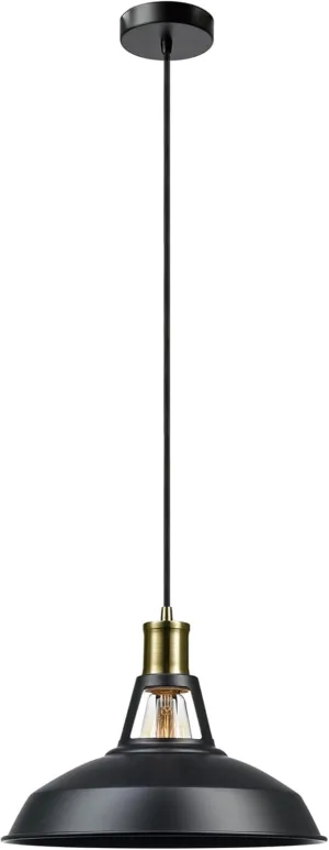 GLOBE Electric 65712 Robin 1-Light Plug-in or Hardwire Pendant, Satin Black, Antique Brass Accents, 15ft Black Woven Fabric Cord, in-Line On/Off Rocker Switch