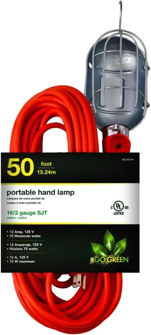 Go Green Power Inc. 50ft Portable Hand Lamp with 16/3 Kink-Free Cord (Bulb not Included)- Durable Construction, Swivel Hook, and Built-in On/Off Switch - Ideal for Construction and Household Projects