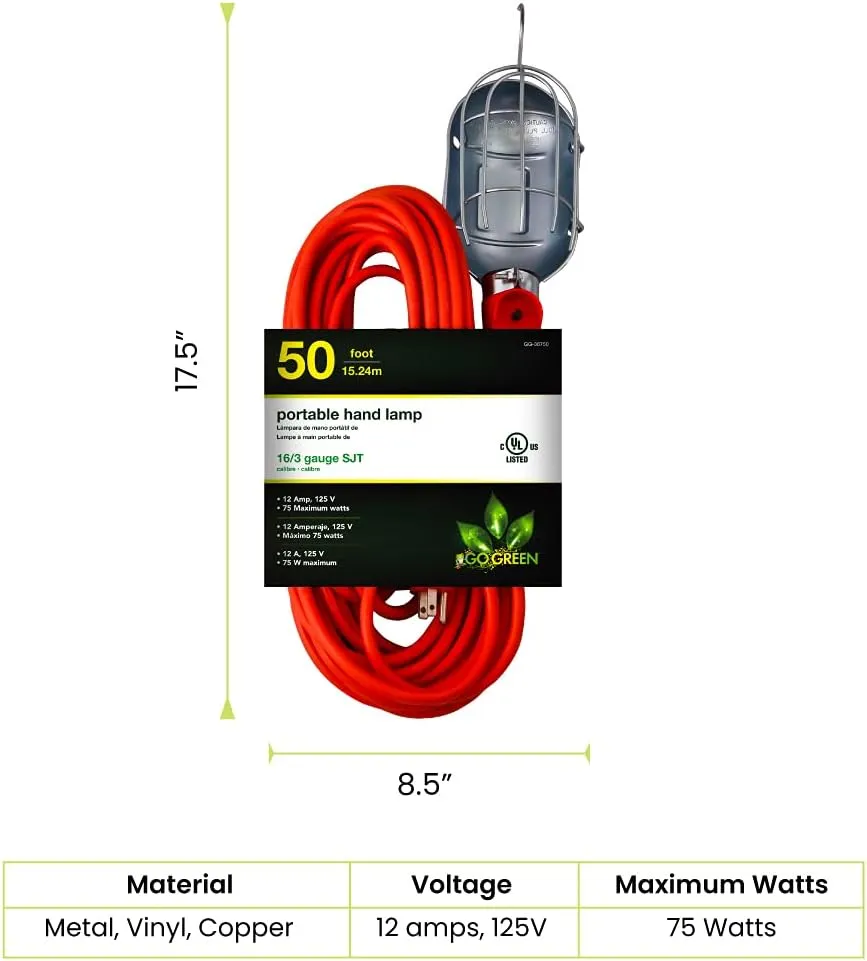 Go Green Power Inc. 50ft Portable Hand Lamp with 16/3 Kink-Free Cord (Bulb not Included)- Durable Construction, Swivel Hook, and Built-in On/Off Switch - Ideal for Construction and Household Projects