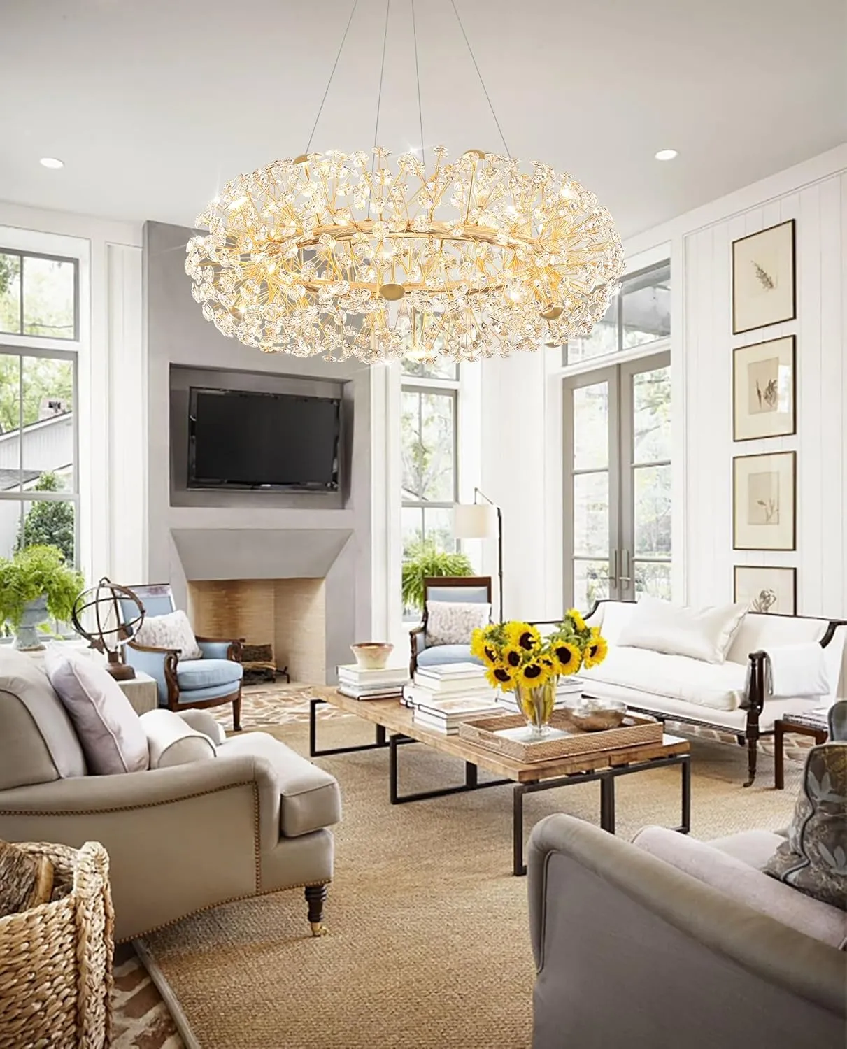 Gold Sputnik Chandelier, 12-Light Mid-Century Modern Chandelier Light Fixture for Foyer, Dining Room, Firework Chandelier for Bedroom, Hallway, Entryway 32 inch Dimmable 2700K-6000K