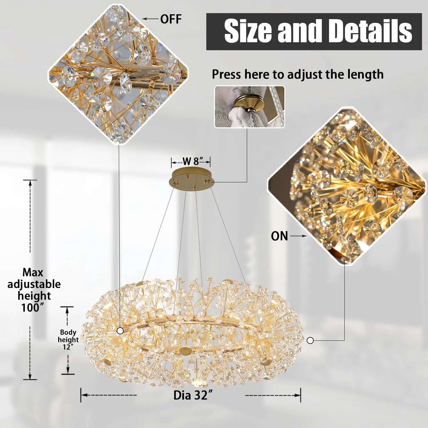 Gold Sputnik Chandelier, 12-Light Mid-Century Modern Chandelier Light Fixture for Foyer, Dining Room, Firework Chandelier for Bedroom, Hallway, Entryway 32 inch Dimmable 2700K-6000K