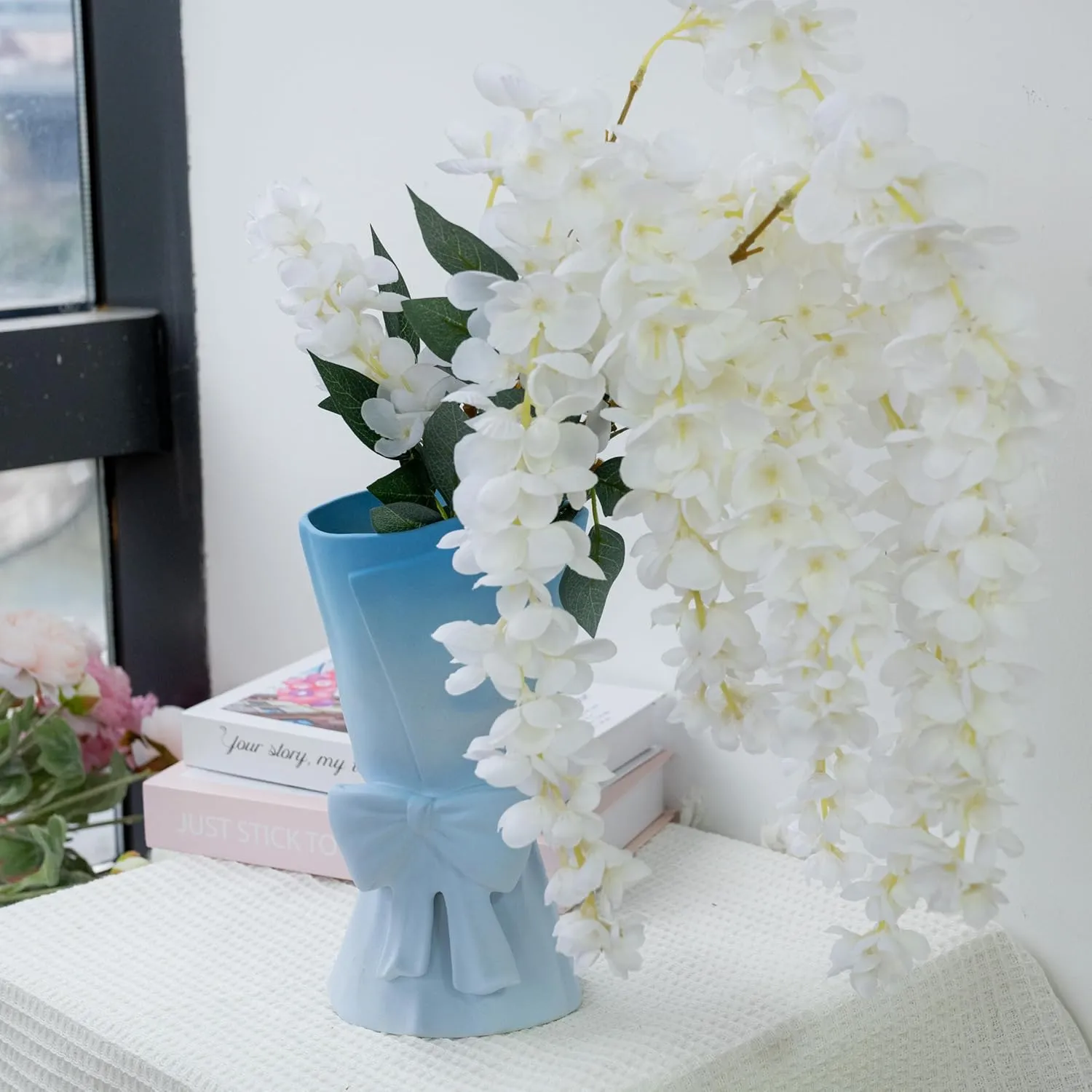 Gradient Blue White Ceramic Bow Vase 9.64 in Unique Cute Modern Decorative Bouquet Flower Vases for Home Living Room Table Decor Women Girl Gifts