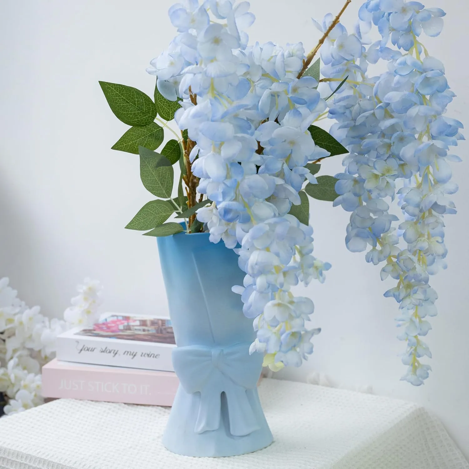 Gradient Blue White Ceramic Bow Vase 9.64 in Unique Cute Modern Decorative Bouquet Flower Vases for Home Living Room Table Decor Women Girl Gifts
