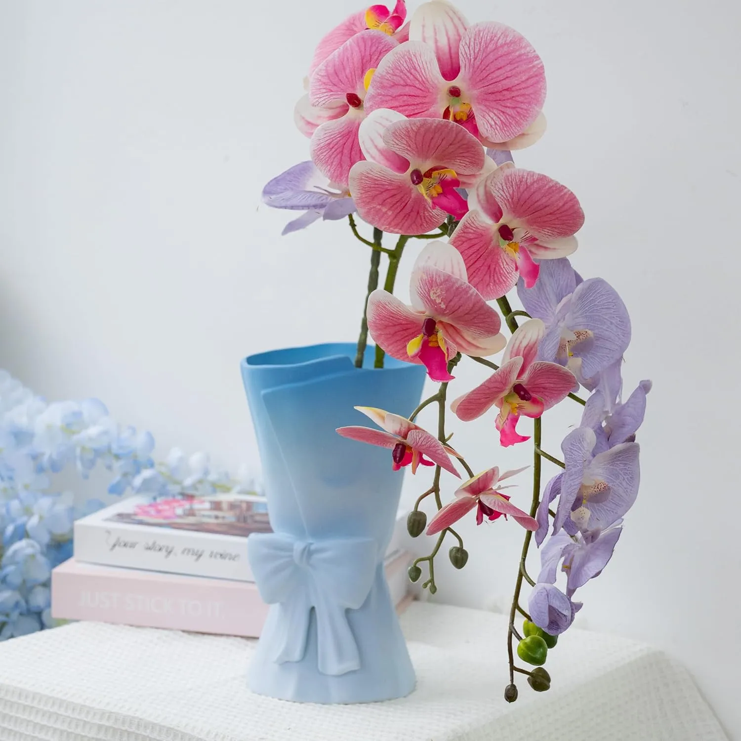 Gradient Blue White Ceramic Bow Vase 9.64 in Unique Cute Modern Decorative Bouquet Flower Vases for Home Living Room Table Decor Women Girl Gifts