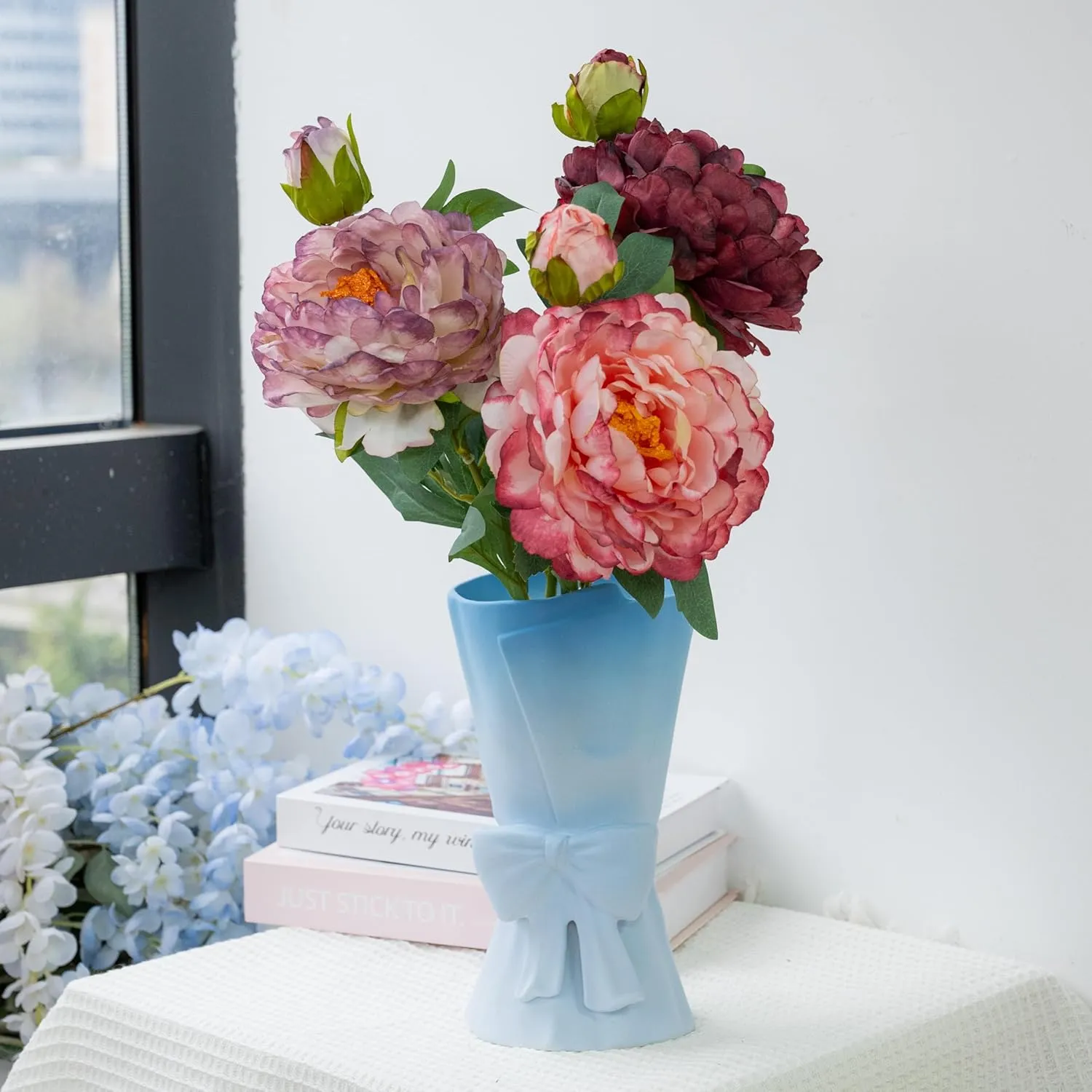 Gradient Blue White Ceramic Bow Vase 9.64 in Unique Cute Modern Decorative Bouquet Flower Vases for Home Living Room Table Decor Women Girl Gifts