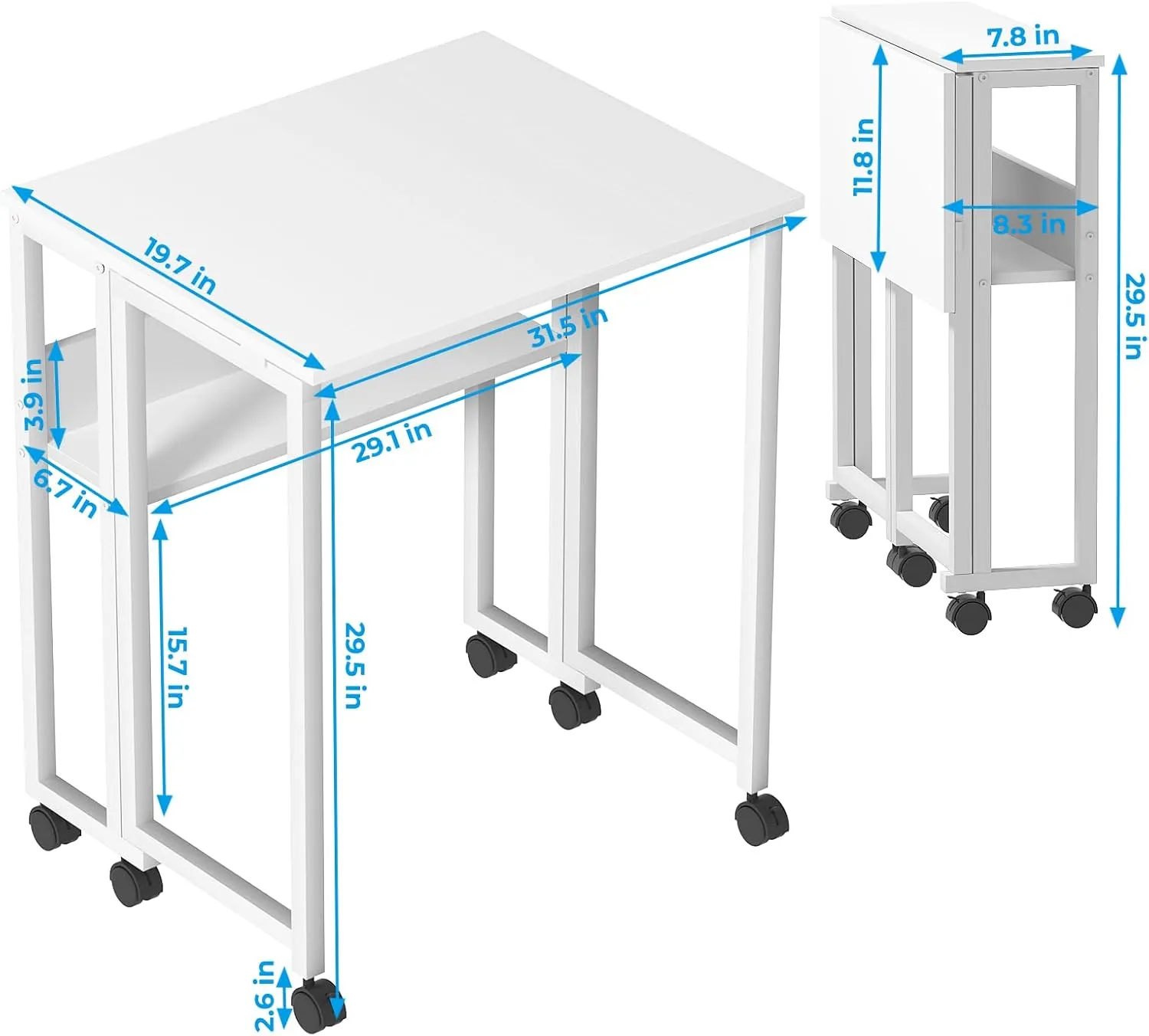 GreenForest Folding Desk Small Rolling Desk with Storage Shelf, 31.5 inch Foldable Computer Desk with Wheels for Small Space, Easy Assembly,Pure White