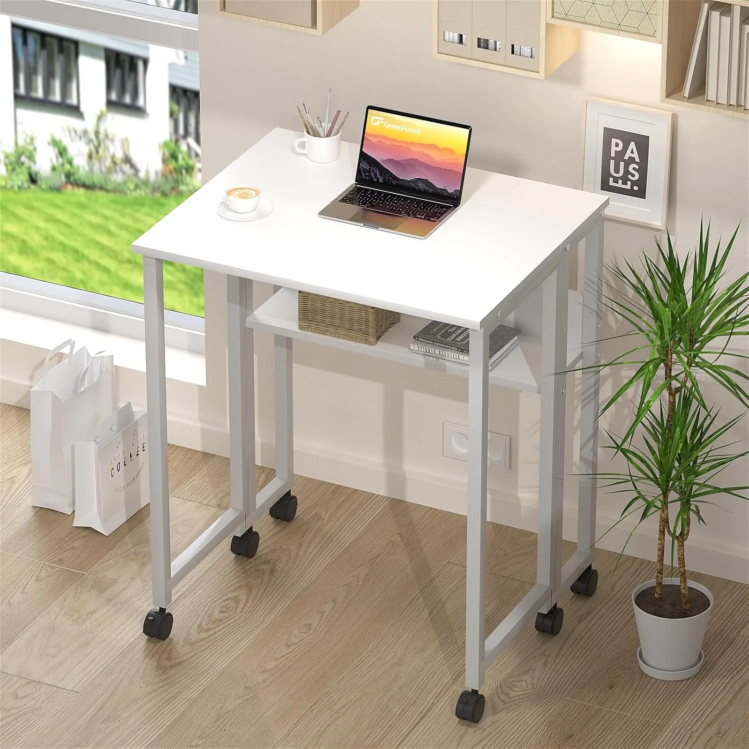 GreenForest Folding Desk Small Rolling Desk with Storage Shelf, 31.5 inch Foldable Computer Desk with Wheels for Small Space, Easy Assembly,Pure White