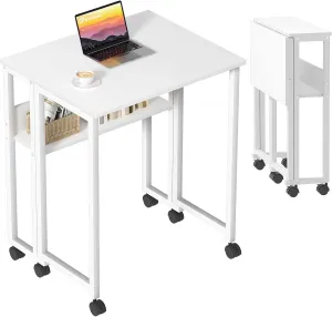 GreenForest Folding Desk Small Rolling Desk with Storage Shelf, 31.5 inch Foldable Computer Desk with Wheels for Small Space, Easy Assembly,Pure White