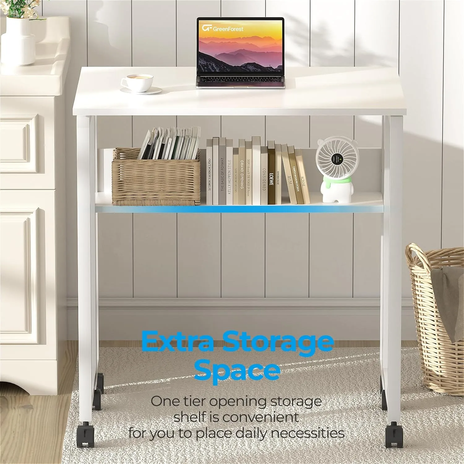GreenForest Folding Desk Small Rolling Desk with Storage Shelf, 31.5 inch Foldable Computer Desk with Wheels for Small Space, Easy Assembly,Pure White