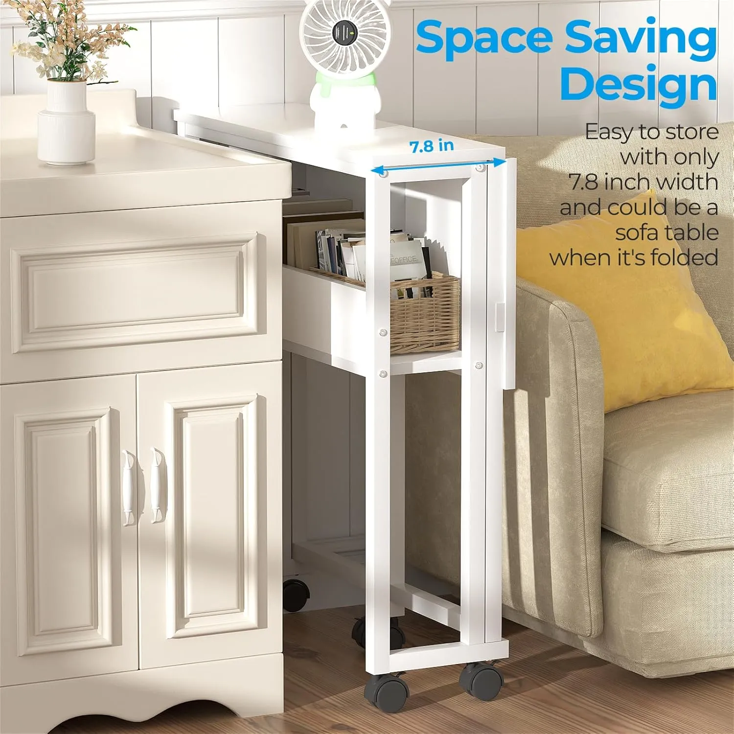 GreenForest Folding Desk Small Rolling Desk with Storage Shelf, 31.5 inch Foldable Computer Desk with Wheels for Small Space, Easy Assembly,Pure White