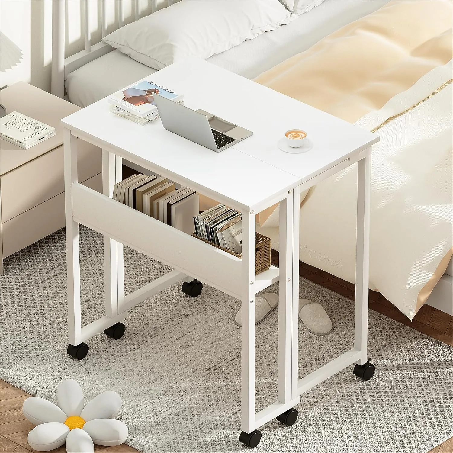 GreenForest Folding Desk Small Rolling Desk with Storage Shelf, 31.5 inch Foldable Computer Desk with Wheels for Small Space, Easy Assembly,Pure White