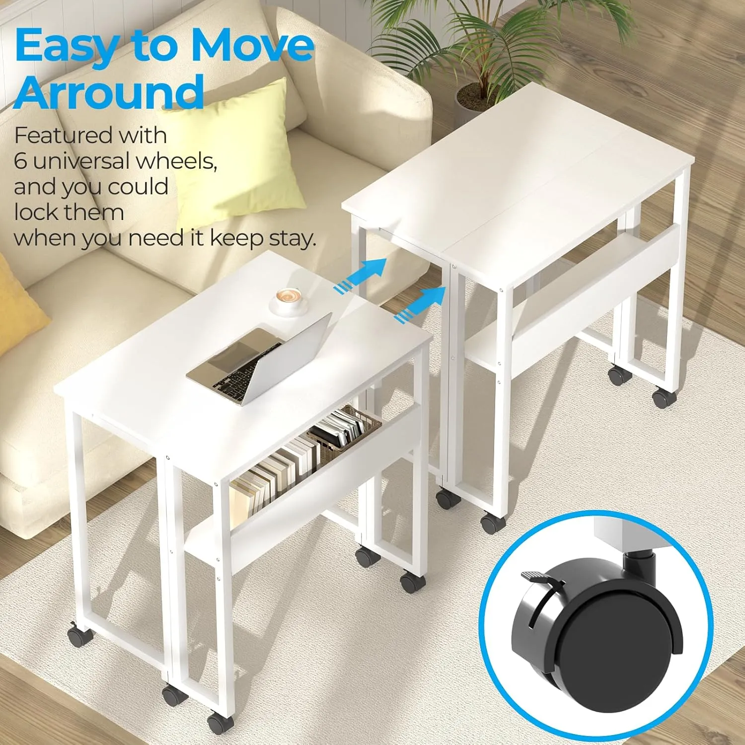 GreenForest Folding Desk Small Rolling Desk with Storage Shelf, 31.5 inch Foldable Computer Desk with Wheels for Small Space, Easy Assembly,Pure White