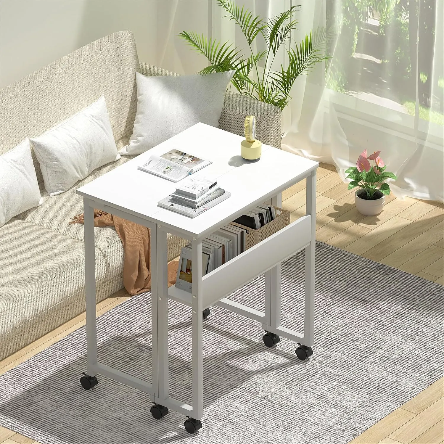 GreenForest Folding Desk Small Rolling Desk with Storage Shelf, 31.5 inch Foldable Computer Desk with Wheels for Small Space, Easy Assembly,Pure White