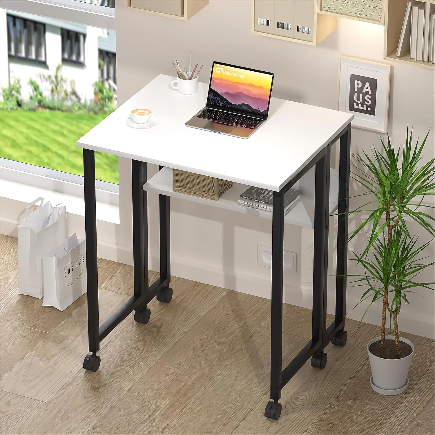 GreenForest Folding Desk Small Rolling Desk with Storage Shelf, 31.5 inch Foldable Computer Desk with Wheels for Small Space, Easy Assembly,White