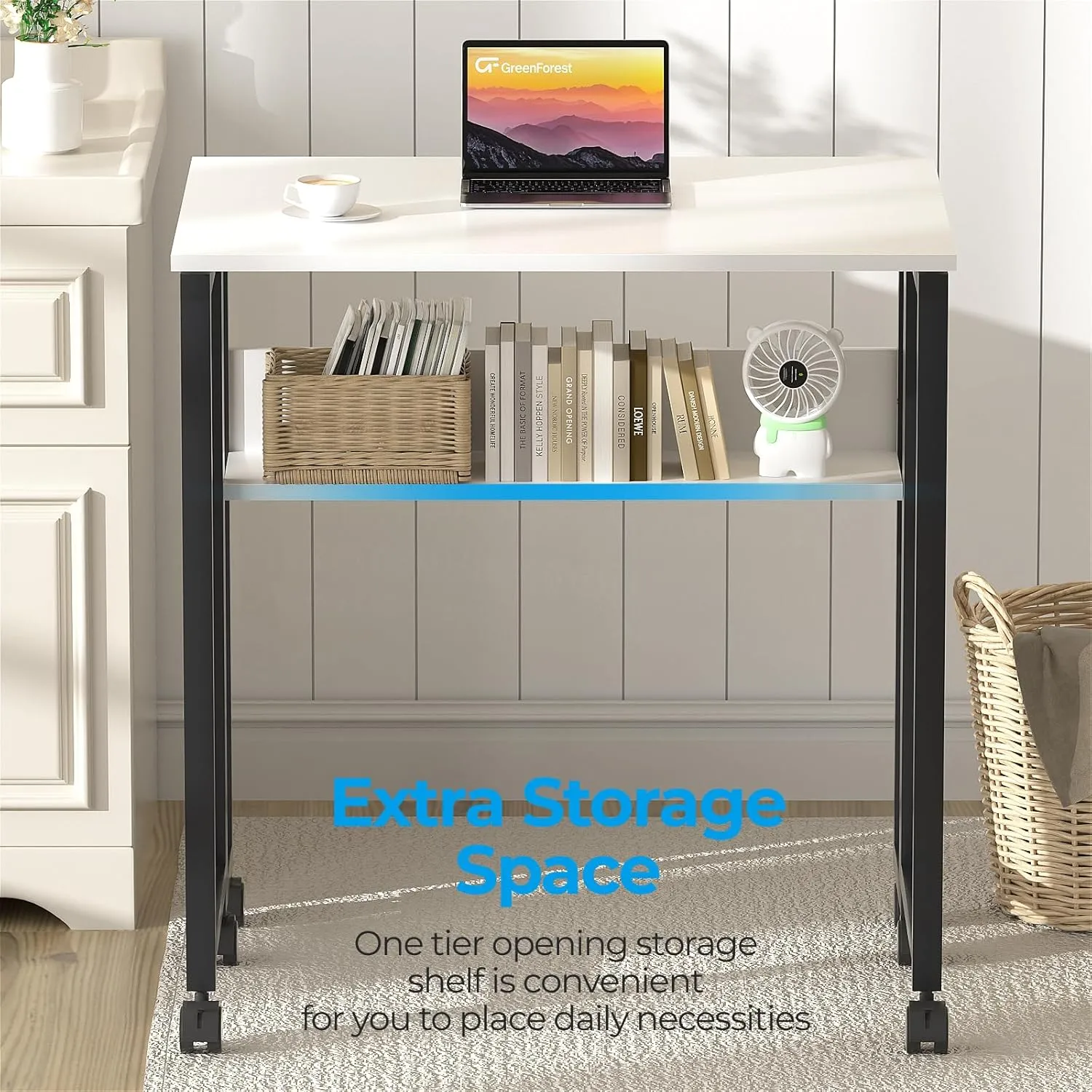 GreenForest Folding Desk Small Rolling Desk with Storage Shelf, 31.5 inch Foldable Computer Desk with Wheels for Small Space, Easy Assembly,White