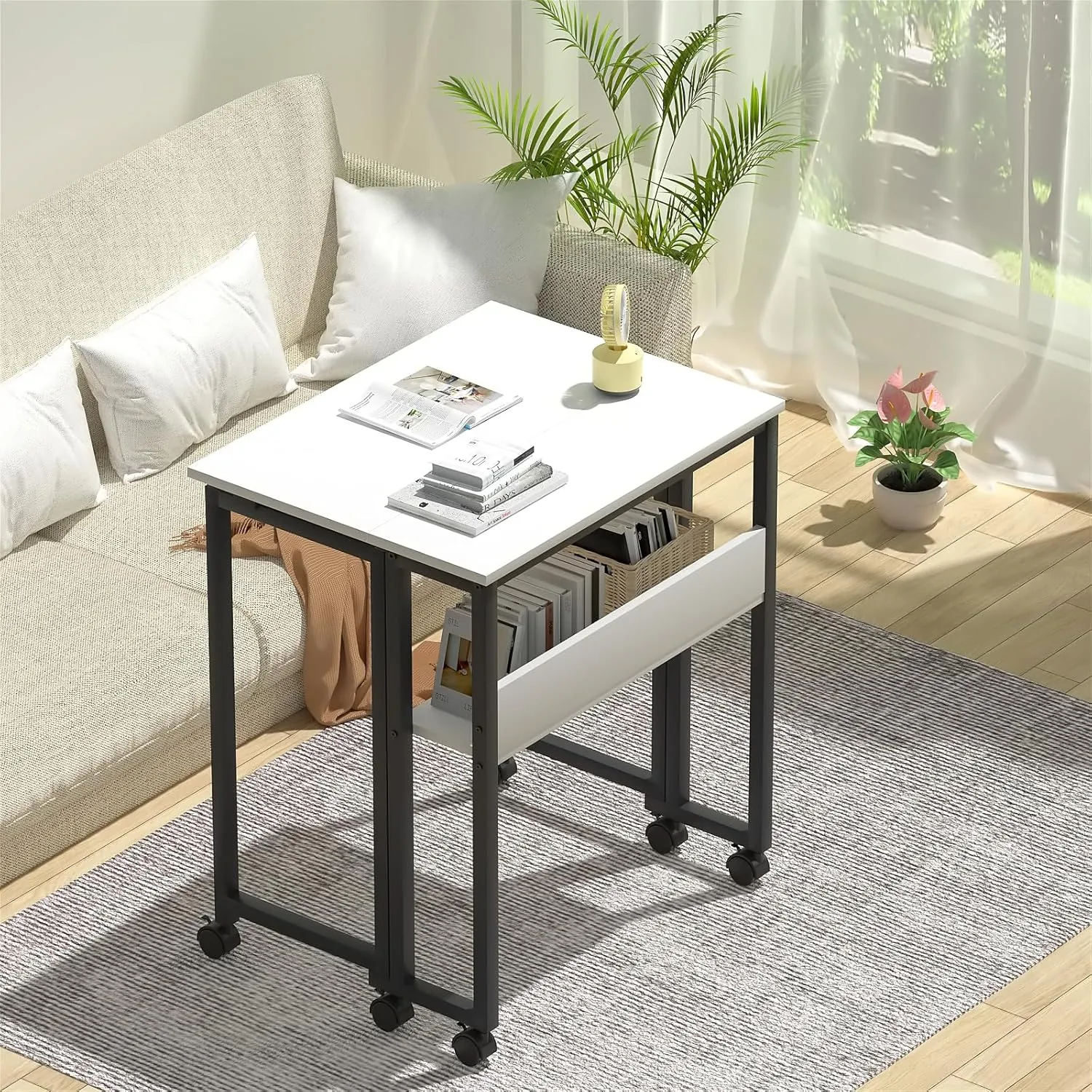 GreenForest Folding Desk Small Rolling Desk with Storage Shelf, 31.5 inch Foldable Computer Desk with Wheels for Small Space, Easy Assembly,White