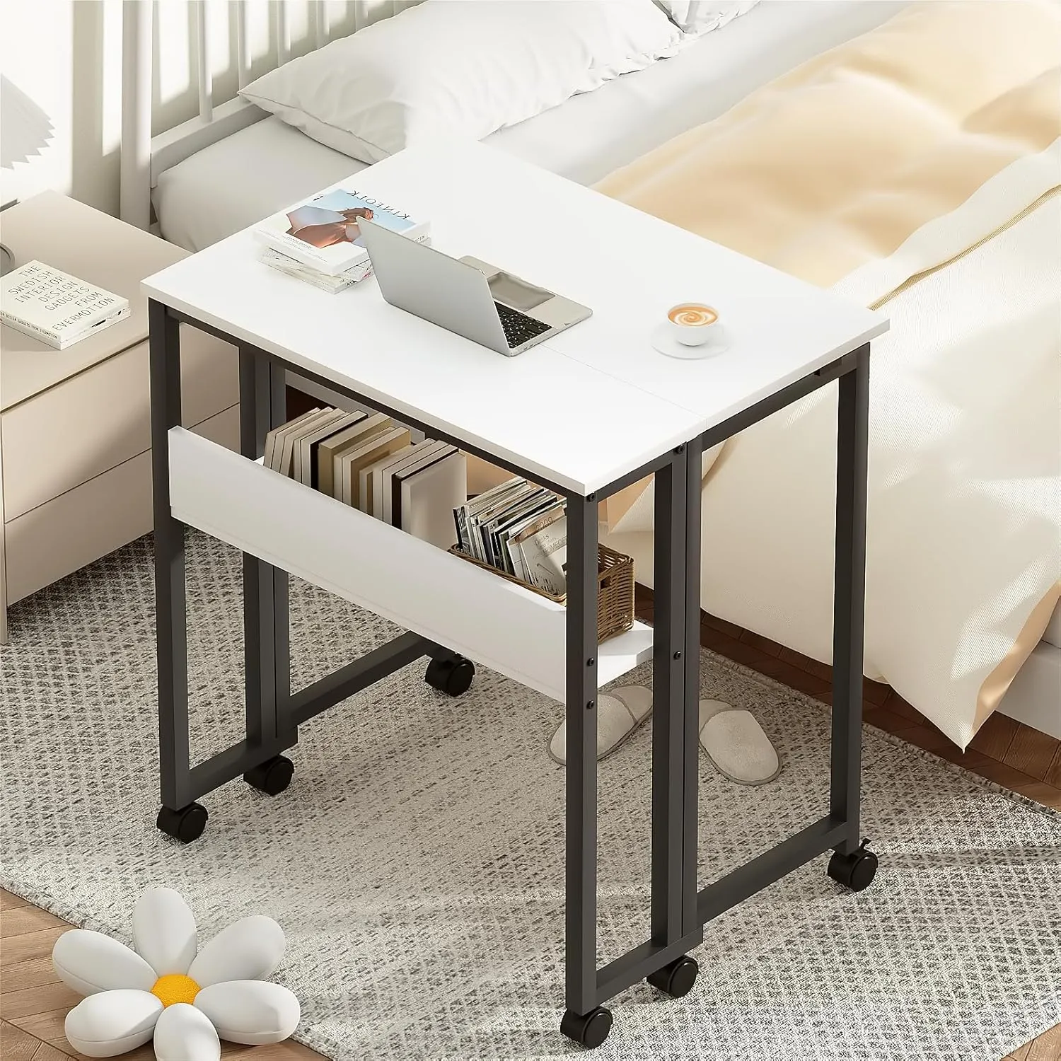GreenForest Folding Desk Small Rolling Desk with Storage Shelf, 31.5 inch Foldable Computer Desk with Wheels for Small Space, Easy Assembly,White