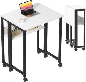 GreenForest Folding Desk Small Rolling Desk with Storage Shelf, 31.5 inch Foldable Computer Desk with Wheels for Small Space, Easy Assembly,White
