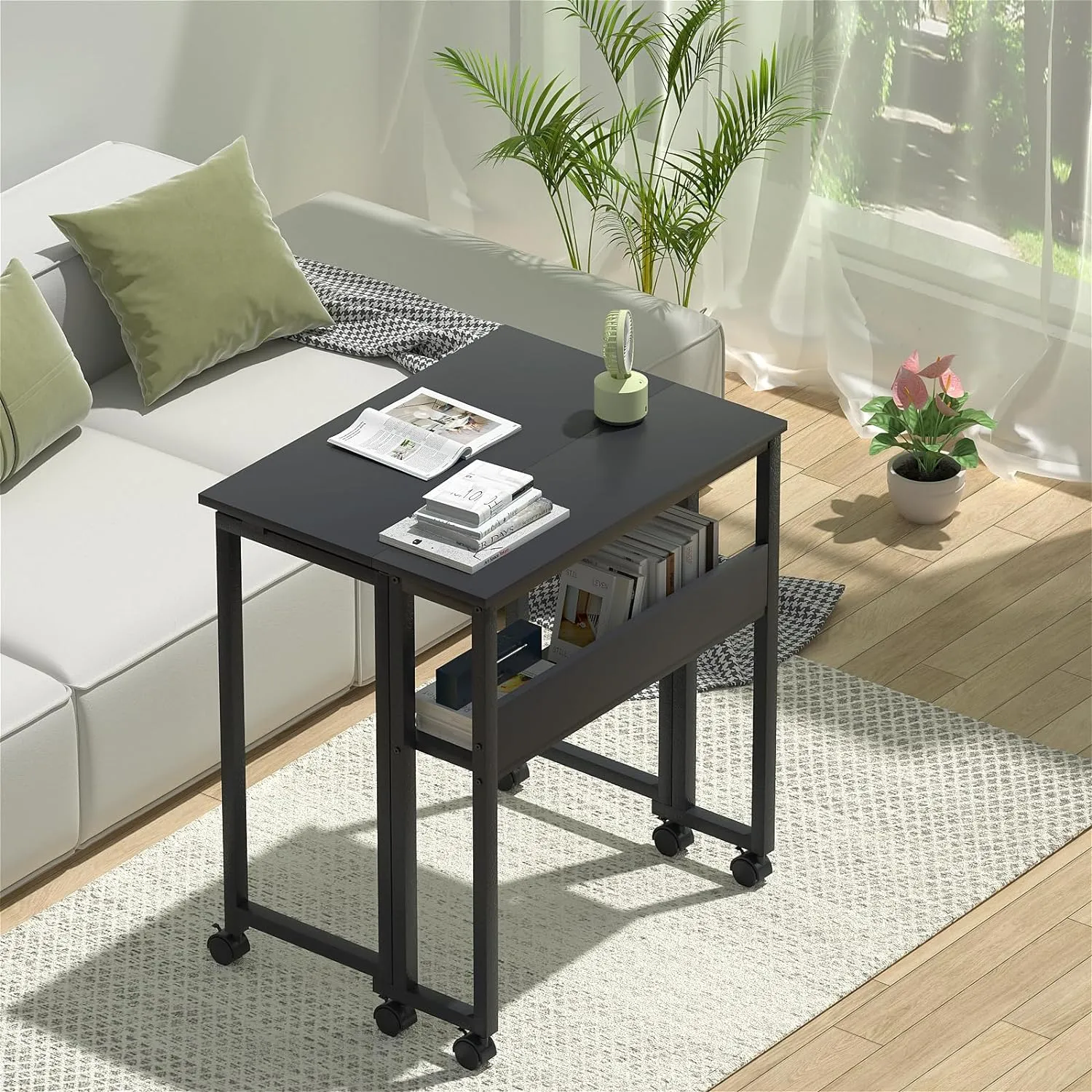 GreenForest Folding Desk Small Rolling Desk with Storage Shelf,24.8 inch Foldable Computer Desk with Wheels for Small Space,Easy Assembly,Black