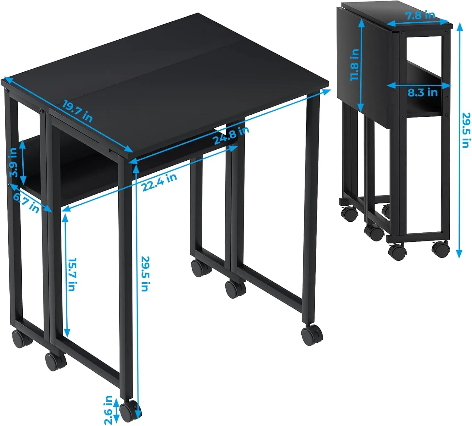 GreenForest Folding Desk Small Rolling Desk with Storage Shelf,24.8 inch Foldable Computer Desk with Wheels for Small Space,Easy Assembly,Black