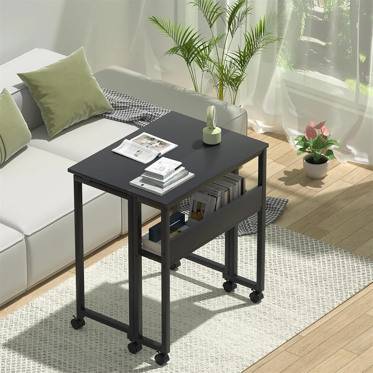 GreenForest Folding Desk Small Rolling Desk with Storage Shelf,24.8 inch Foldable Computer Desk with Wheels for Small Space,Easy Assembly,Black