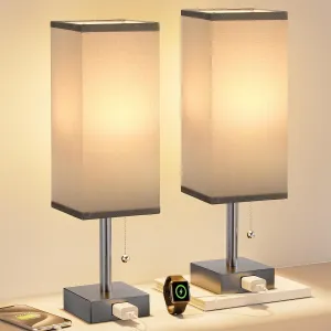 Grey Bedside Table Lamps for Bedroom Set of 2 - Small Rectangular Nightstand Lamp with AC Outlet Charging Port, 3 Color Temperatures Light, Tabletop Reading Lamp for Living Room/Dorm/Office