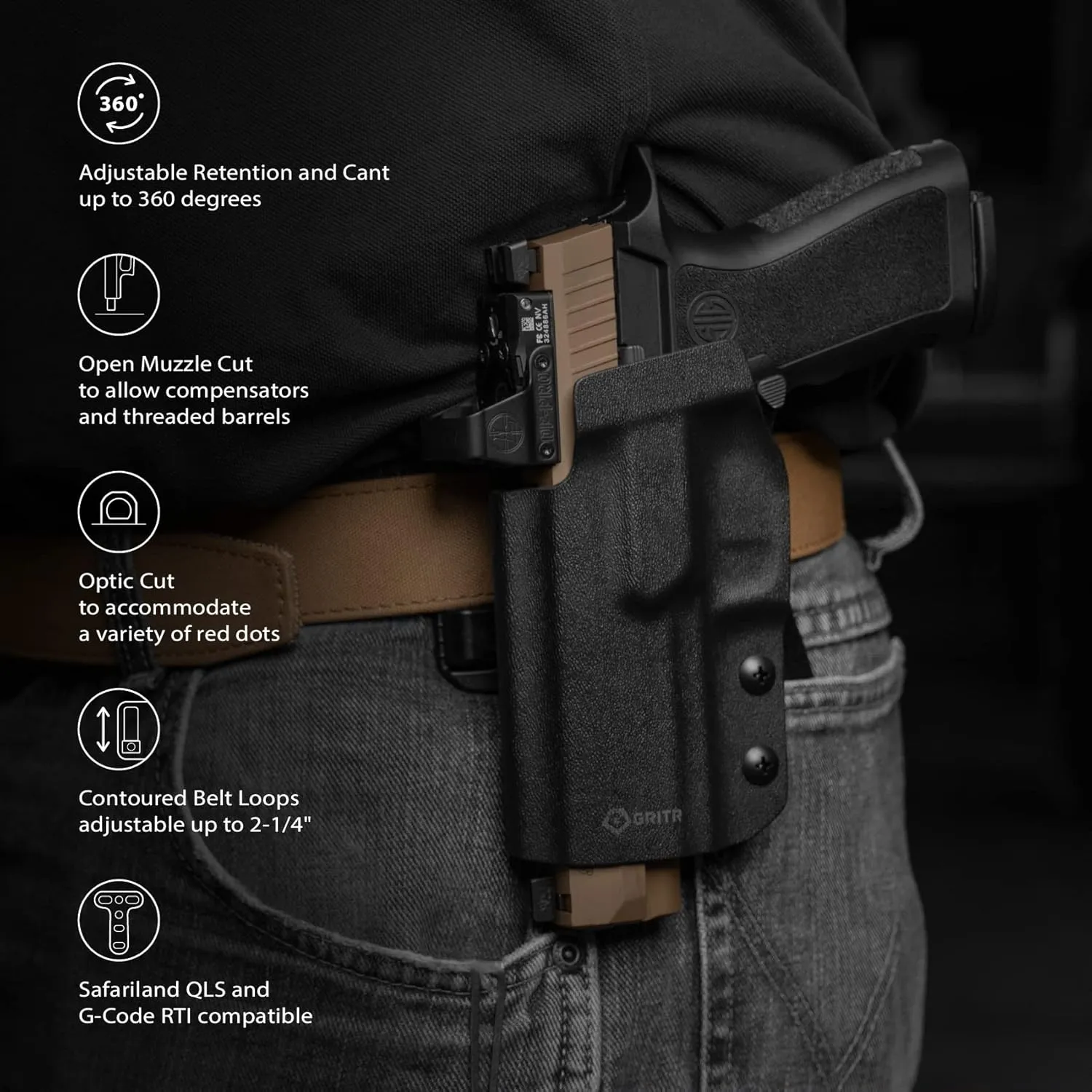 GRITR OWB Kydex Sig Sauer P320 Holster for Men & Women w/Optic Cut, Open Bottom, Adjustable Cant, Safariland QLS/G-Code RTI Attachments Compatible - Right/Left Hand Options