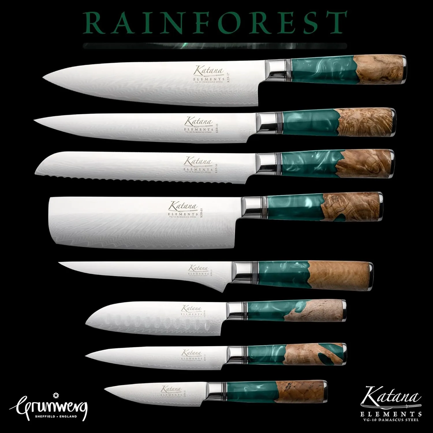 Grunwerg- Katana Elements 9 Piece Knife Block Set : 8 Japanese Quality Specialty Knives, Premium Damascus Steel Blades, Unique Resin Handle, Green