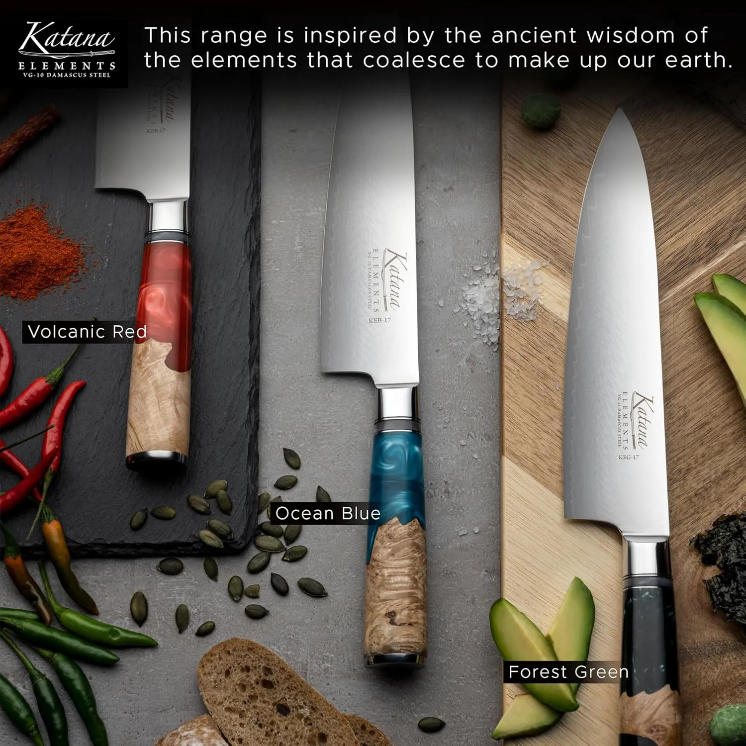 Grunwerg- Katana Elements 9 Piece Knife Block Set : 8 Japanese Quality Specialty Knives, Premium Damascus Steel Blades, Unique Resin Handle, Green