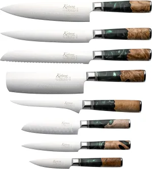 Grunwerg- Katana Elements 9 Piece Knife Block Set : 8 Japanese Quality Specialty Knives, Premium Damascus Steel Blades, Unique Resin Handle, Green