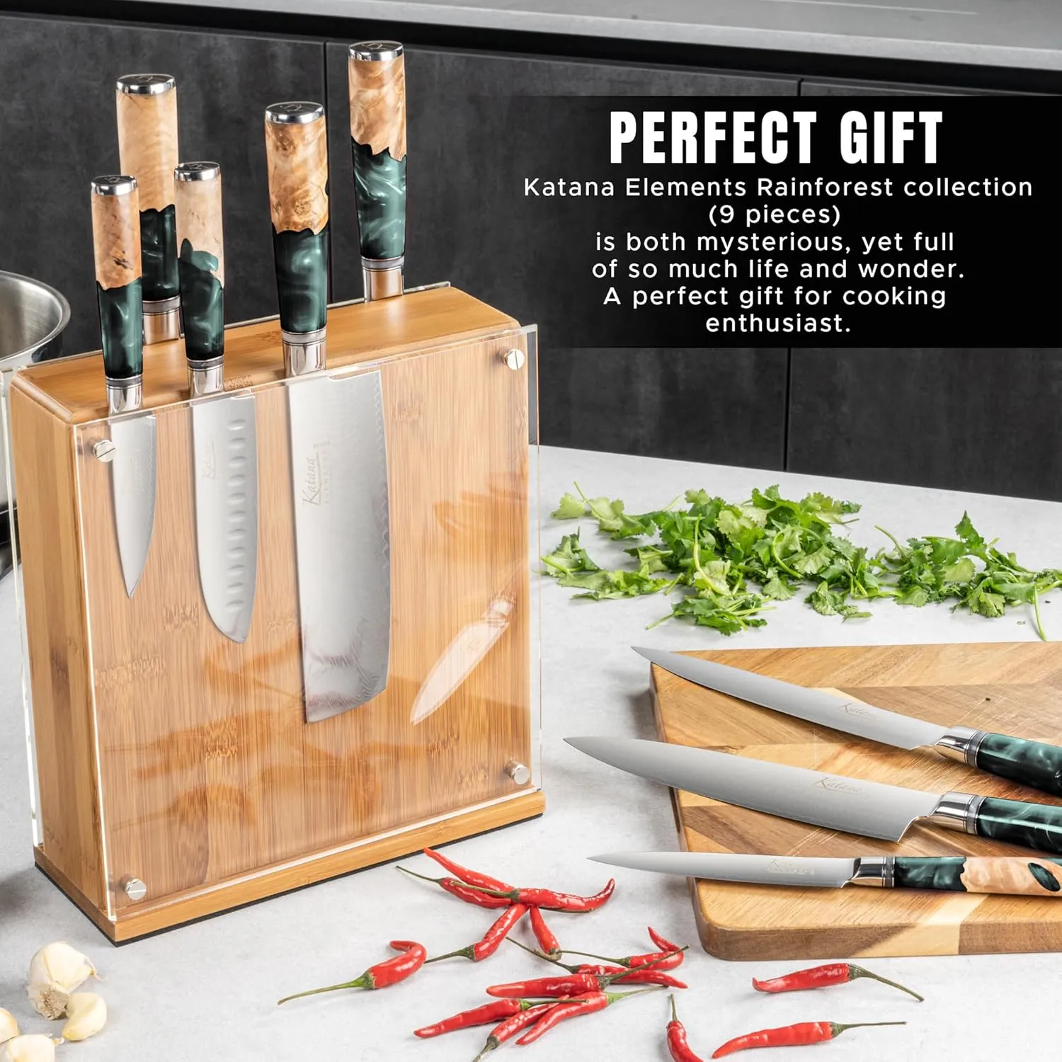 Grunwerg- Katana Elements 9 Piece Knife Block Set : 8 Japanese Quality Specialty Knives, Premium Damascus Steel Blades, Unique Resin Handle, Green