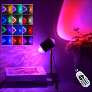 Guermok 2-in-1 Ocean & Sunset Lamp, Sunset Light Projector, DIY Water Ripple Lamp with USB Port, 2 Ways Control Adjustments, for Party Bar Room Background Photography