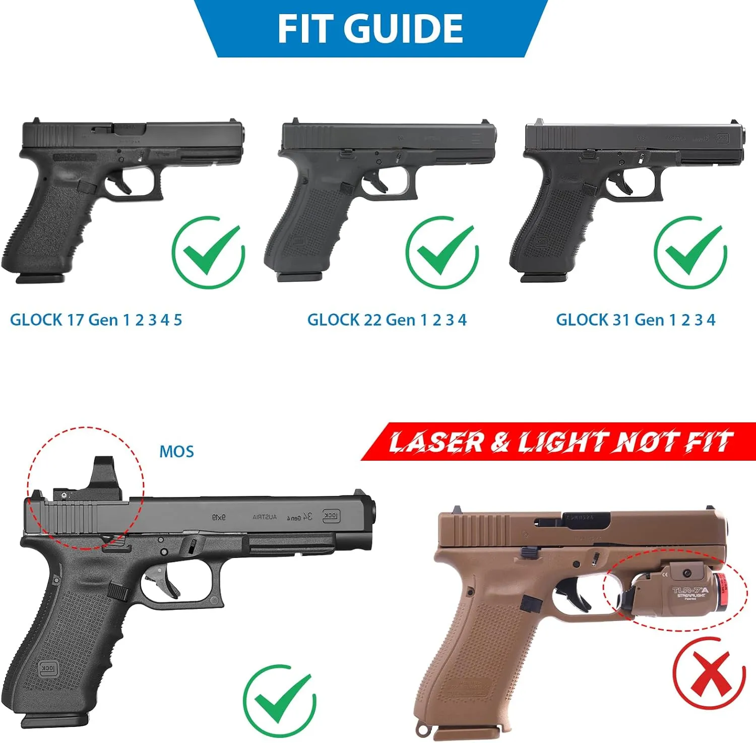 Gun Holster for Glock 17 Gen 5, OWB Holster for Glock 17 22 31 Gen 1-4, Polymer Tactical Open Carry Outside Waistband Pants Belt Holster with 360° Adjustable Molle Belt, Level Ⅱ Holsters, Right-Handed